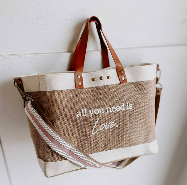 All you need is love jute crossbody tote bag