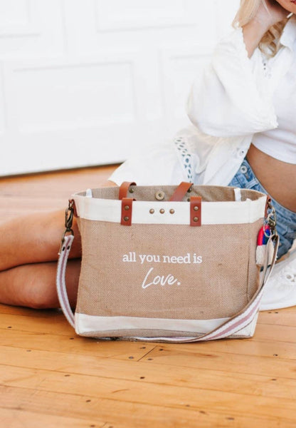 All you need is love jute crossbody tote bag