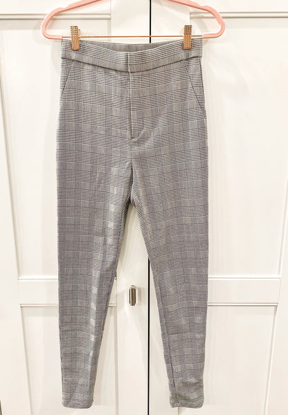 Gray plaid textured leggings with front zipper, XS/S or M/L