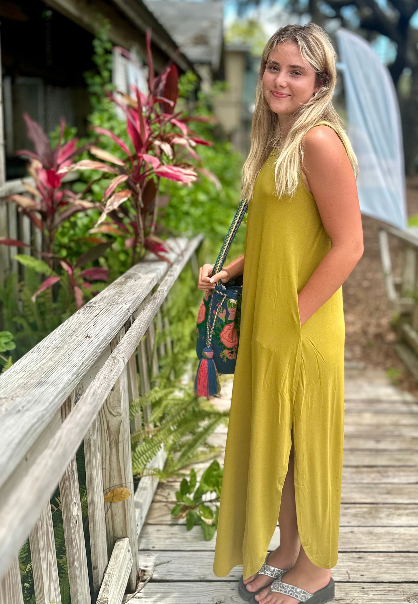 Olive mustard Maxi dress with side slits and pockets