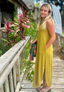 Olive mustard Maxi dress with side slits and pockets