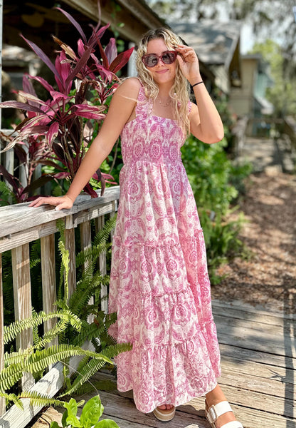 Dylan smocked pink paisley maxi dress by Lucy Paris