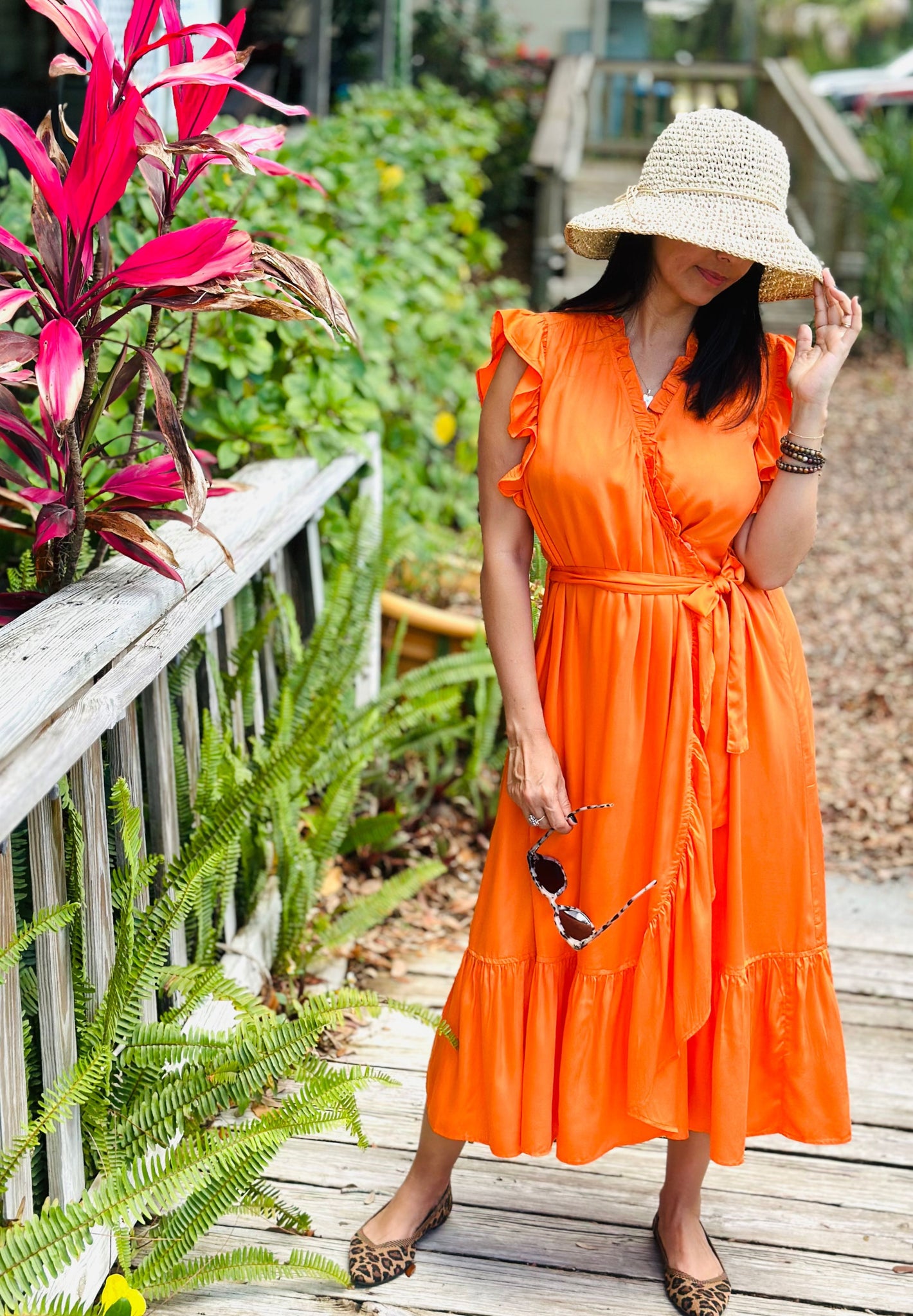 Frnch Summer Orange wrap around midi dress