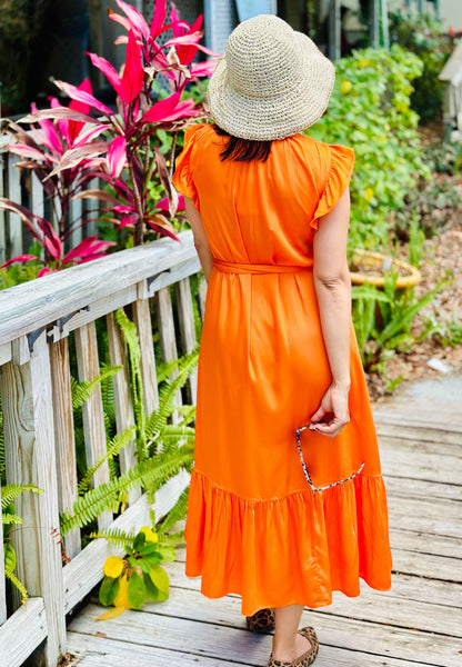 Back, Model wearing Frnch Summer orange dress