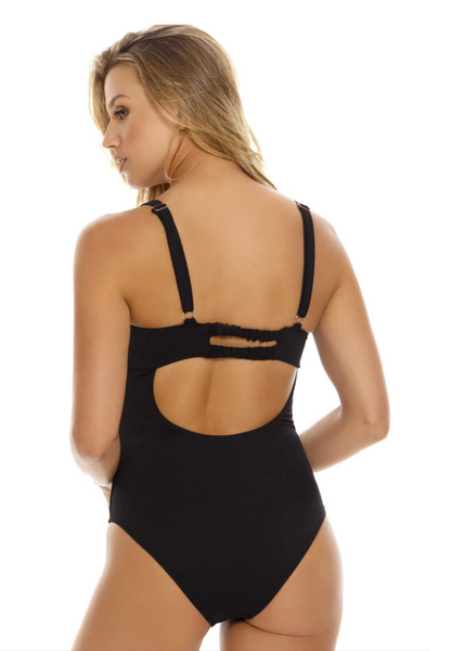 Tummy control black one-piece swimsuit with adjustable belt