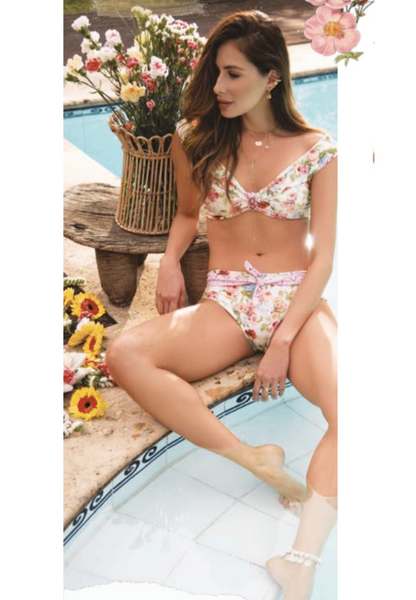 Pink floral two piece swimsuit bandeau top and tie belt bottom