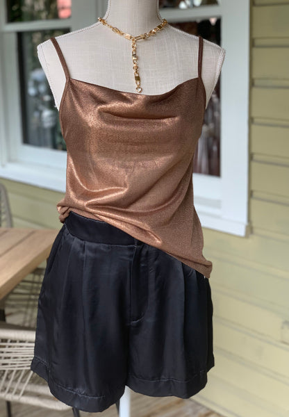 Gorgeous knit top in sparkling metallic copper color. Cowl neck and thin straps. 
