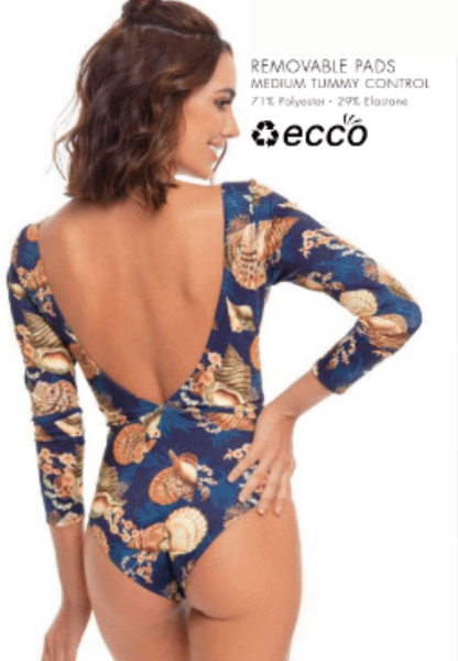 Tummy control coral print one-piece long sleeve body suit