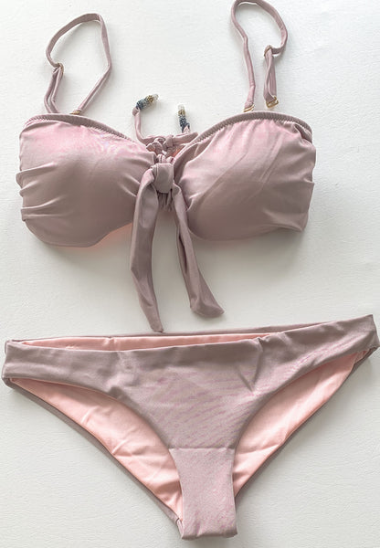 Two piece swimsuit metallic pink lilac bandeau top brief bottom, S/M