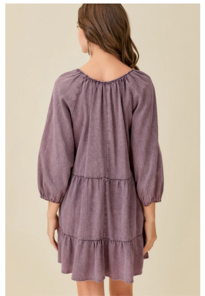 Super cute V neck washed tiered dress in purple denim fabric. Side pockets. 