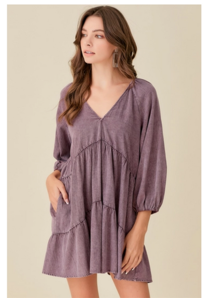 Super cute V neck washed tiered dress in purple denim fabric. Side pockets. 
