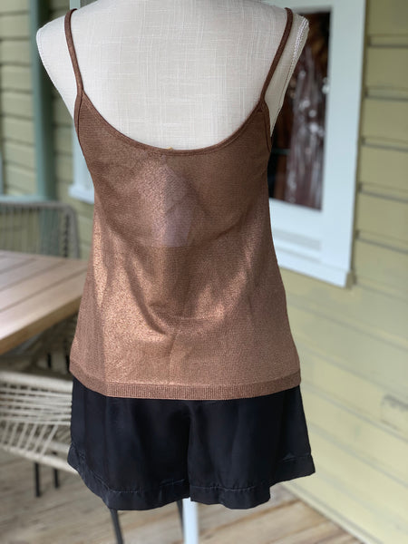 Gorgeous knit top in sparkling metallic copper color. Cowl neck and thin straps. Back part