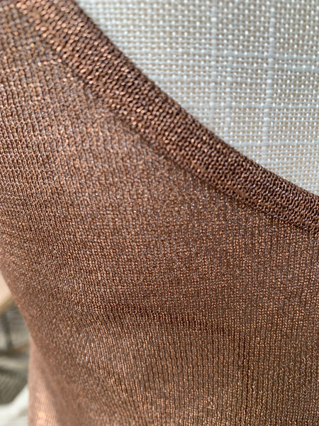 Gorgeous knit top in sparkling metallic copper color. detail look.